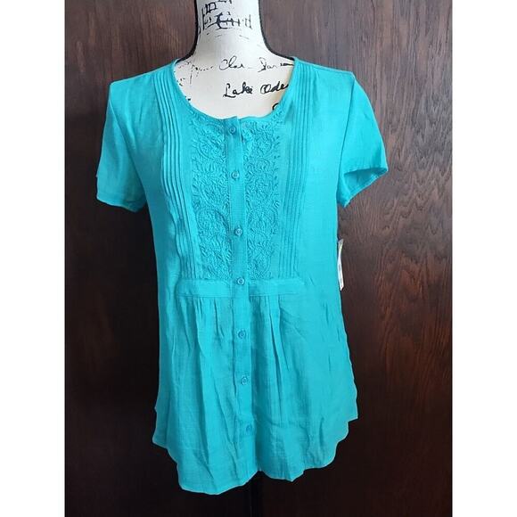 Laura Scott Size Small Viscose Button top blue green embroidered lightweight - Picture 1 of 4
